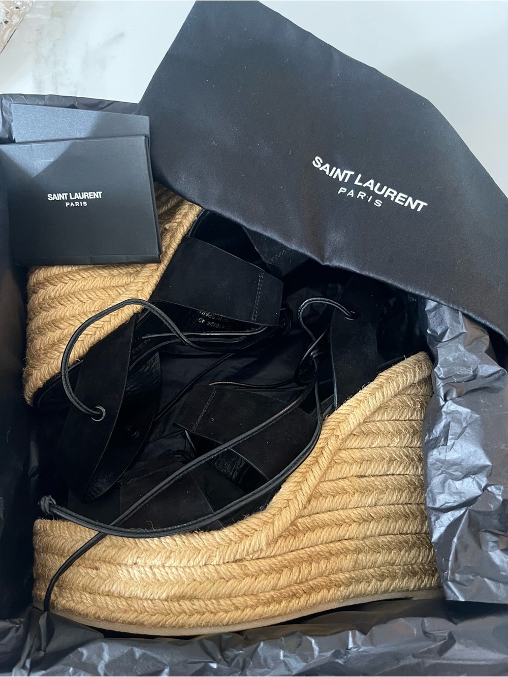 NEW IN BOX AUTHENTIC YSL SUEDE LACE UP WEDGES - Picture 6 of 16